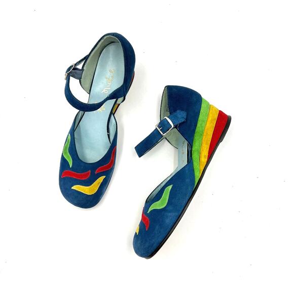 Vintage Shoes - Vintage Rhea Nichols Suede Wedges Mary Jane Shoes Blue Rainbow Memphis